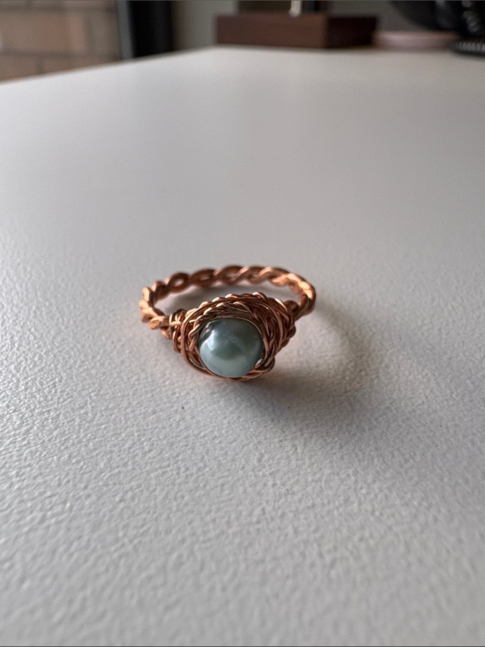 Handmade Copper Wire Ring with Light Blue Pearl